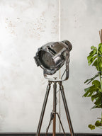 Chrome Stage light Floorlamp Vintage, The Aliën Studio Spot | Spotlight on polished Tripod, Modern industrial lighting