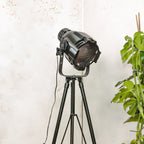 Vintage zwarte podium theaterspot vloerlamp | Industriële theaterlamp op zwart metalen statief