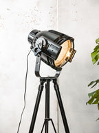 Vintage zwarte podium theaterspot vloerlamp | Industriële theaterlamp op zwart metalen statief