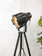 Vintage zwarte podium theaterspot vloerlamp | Industriële theaterlamp op zwart metalen statief