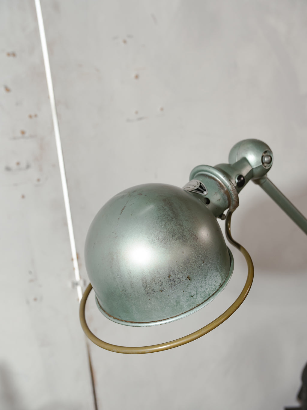 1950s Jieldé Vespa Green 2 Arm French Workshop Lamp on Brake disc, Jielde light, Vintage Designer Desk Lamp by Jean Louis Domecq