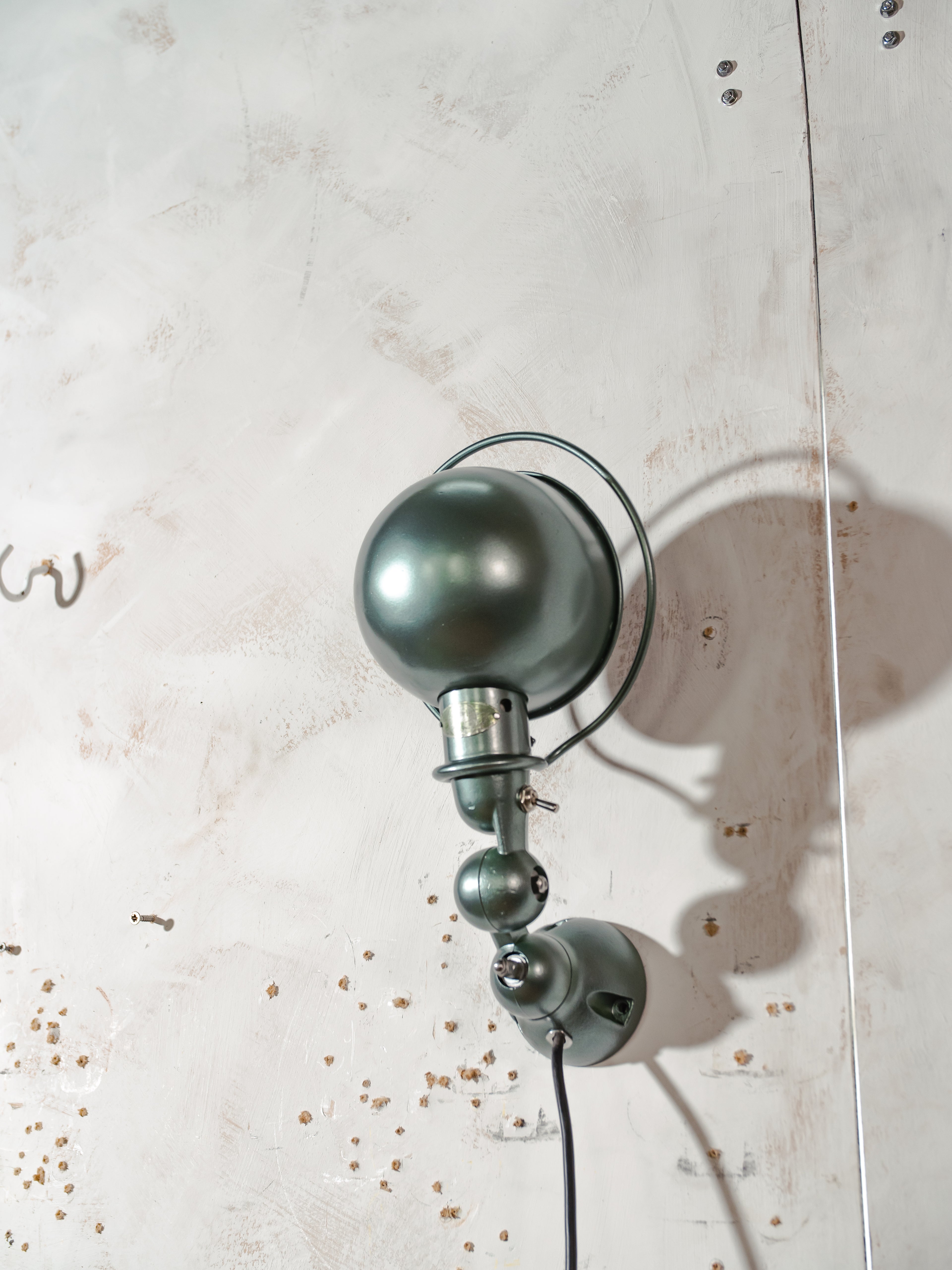 1950s Jieldé Wall Sconce Lamp, Metallic Green Industrial Wall Light, French Loft Lamp by Jean Louis Domecq
