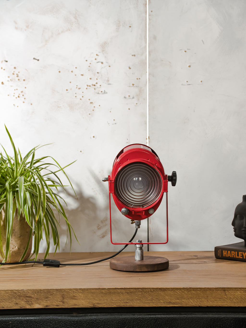 Red 1950s French Theater Spotlight Desk Lamp, Restored A.E. Cremer Paris Stage Light, Retro Industrial Fresnel Spotlight – One of a Kind