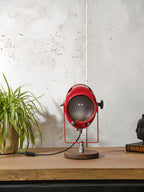 Red 1950s French Theater Spotlight Desk Lamp, Restored A.E. Cremer Paris Stage Light, Retro Industrial Fresnel Spotlight – One of a Kind