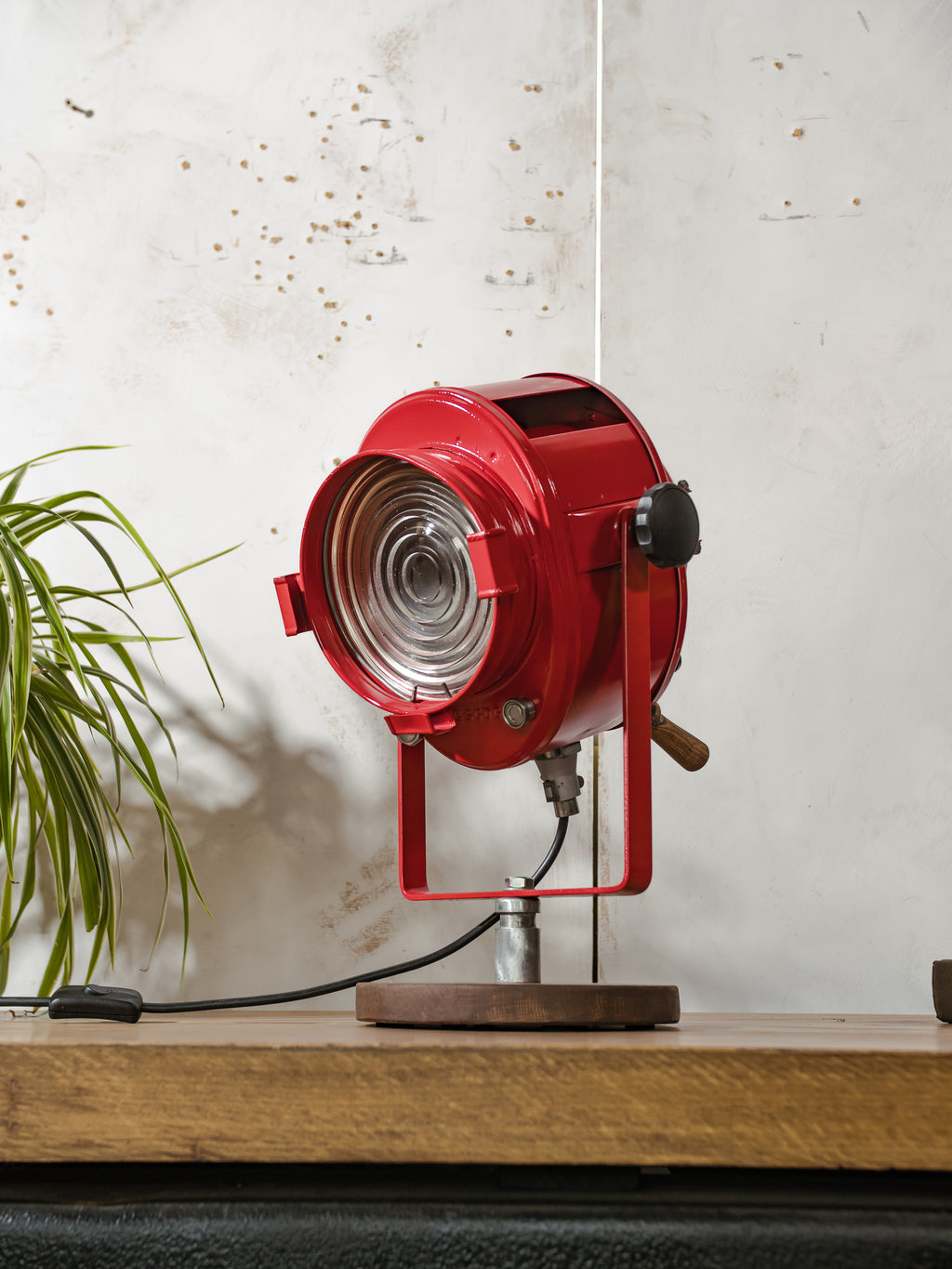 Red 1950s French Theater Spotlight Desk Lamp, Restored A.E. Cremer Paris Stage Light, Retro Industrial Fresnel Spotlight – One of a Kind