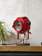 Red 1950s French Theater Spotlight Desk Lamp, Restored A.E. Cremer Paris Stage Light, Retro Industrial Fresnel Spotlight – One of a Kind
