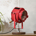 Red 1950s French Theater Spotlight Desk Lamp, Restored A.E. Cremer Paris Stage Light, Retro Industrial Fresnel Spotlight – One of a Kind