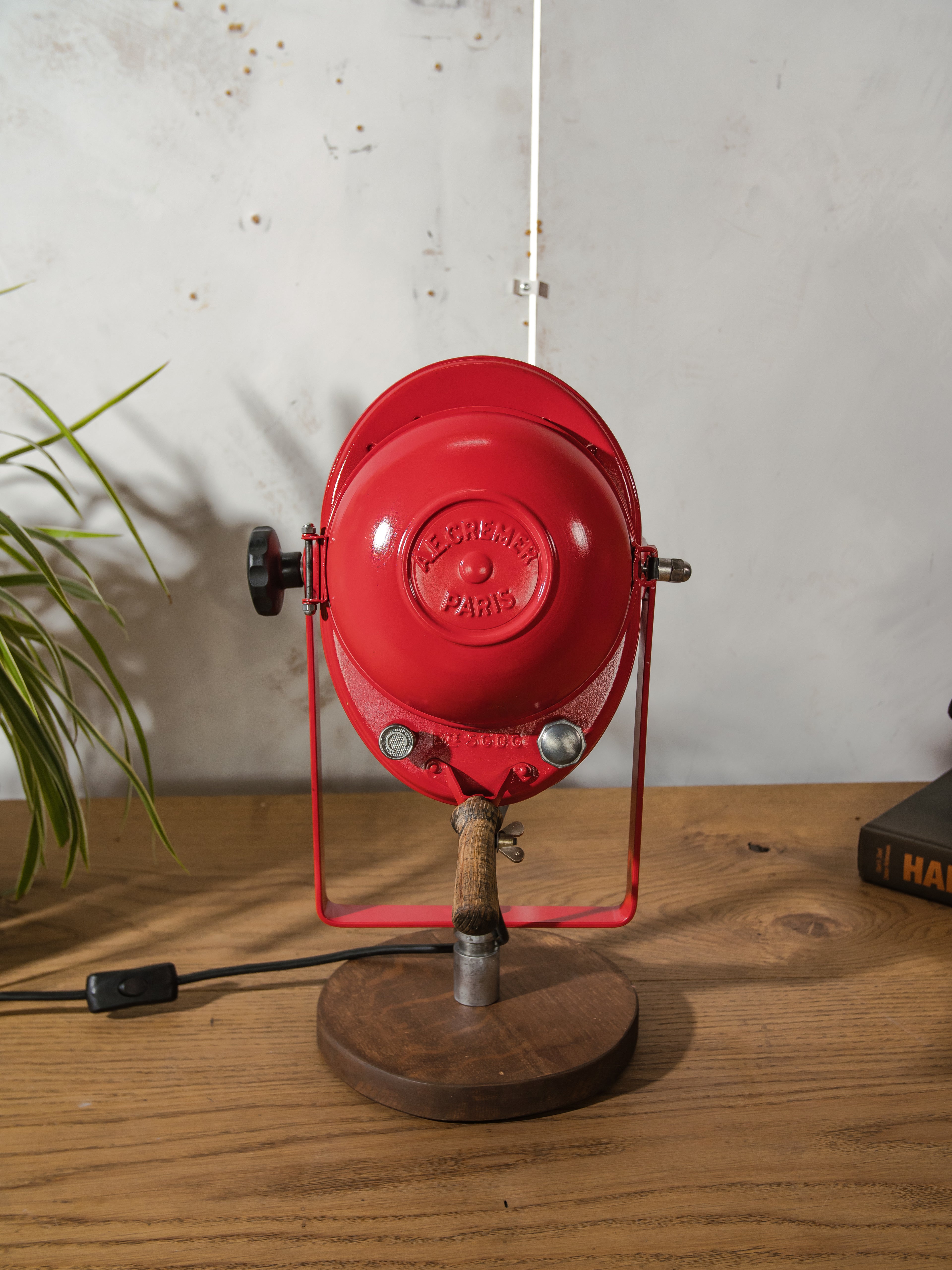Red 1950s French Theater Spotlight Desk Lamp, Restored A.E. Cremer Paris Stage Light, Retro Industrial Fresnel Spotlight – One of a Kind