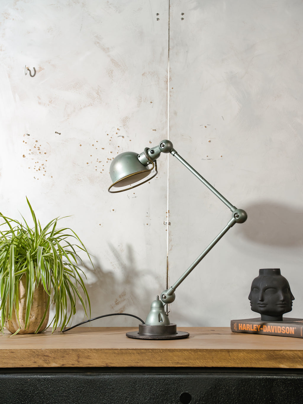 1950s Jieldé Vespa Green 2 Arm French Workshop Lamp on Brake disc, Jielde light, Vintage Designer Desk Lamp by Jean Louis Domecq