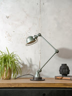 1950s Jieldé Vespa Green 2 Arm French Workshop Lamp on Brake disc, Jielde light, Vintage Designer Desk Lamp by Jean Louis Domecq