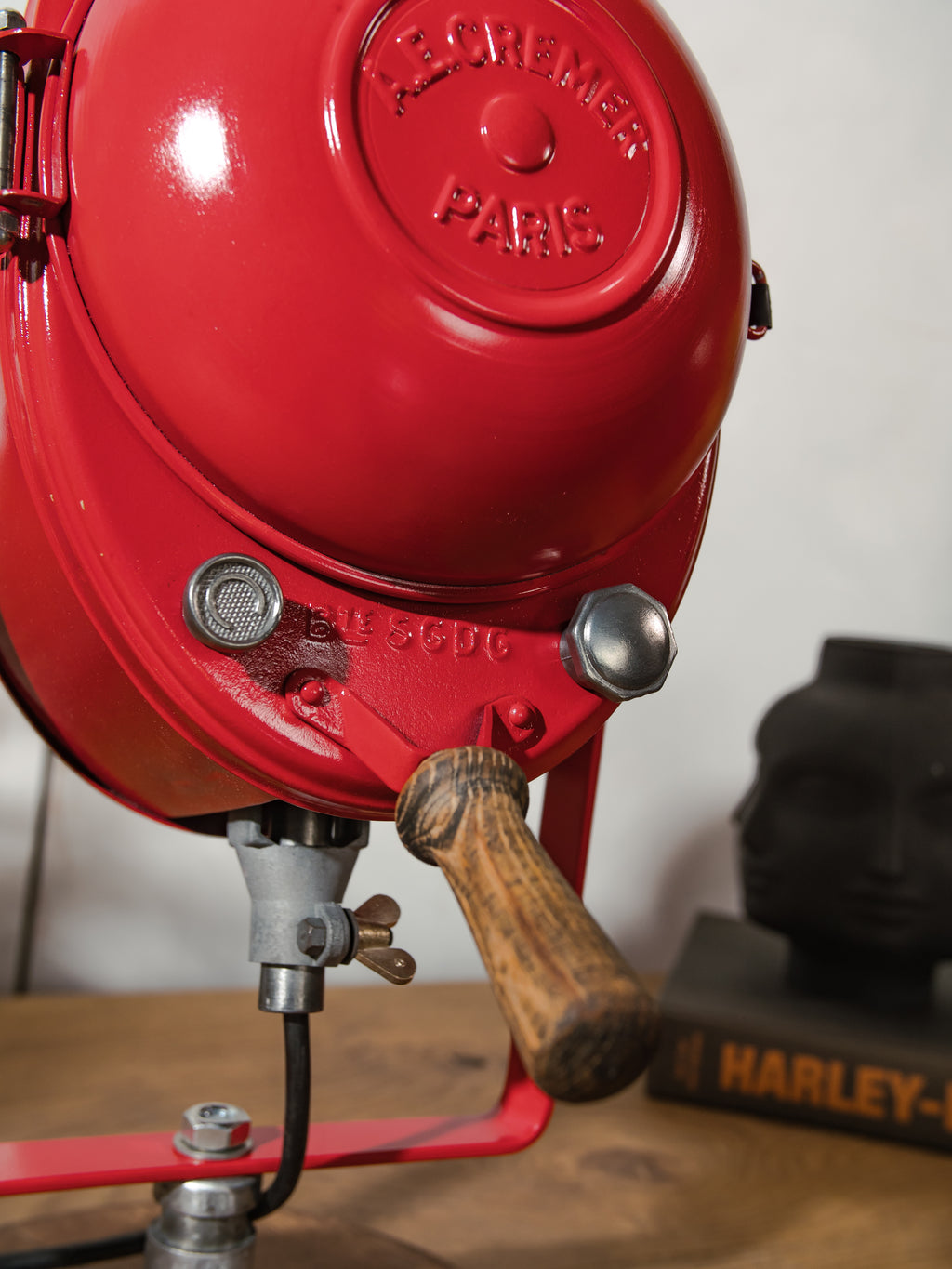Red 1950s French Theater Spotlight Desk Lamp, Restored A.E. Cremer Paris Stage Light, Retro Industrial Fresnel Spotlight – One of a Kind