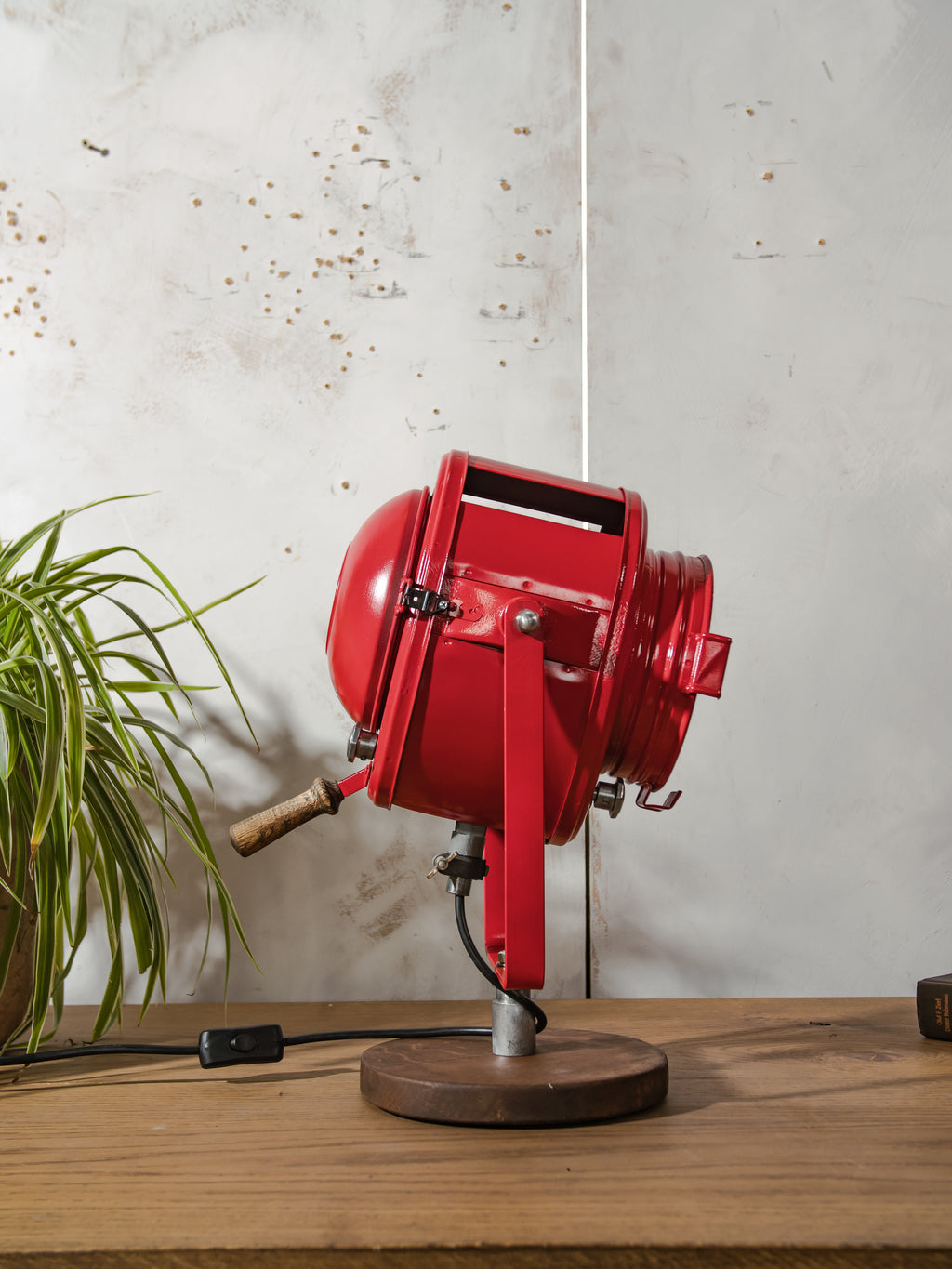 Red 1950s French Theater Spotlight Desk Lamp, Restored A.E. Cremer Paris Stage Light, Retro Industrial Fresnel Spotlight – One of a Kind