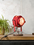Red 1950s French Theater Spotlight Desk Lamp, Restored A.E. Cremer Paris Stage Light, Retro Industrial Fresnel Spotlight – One of a Kind