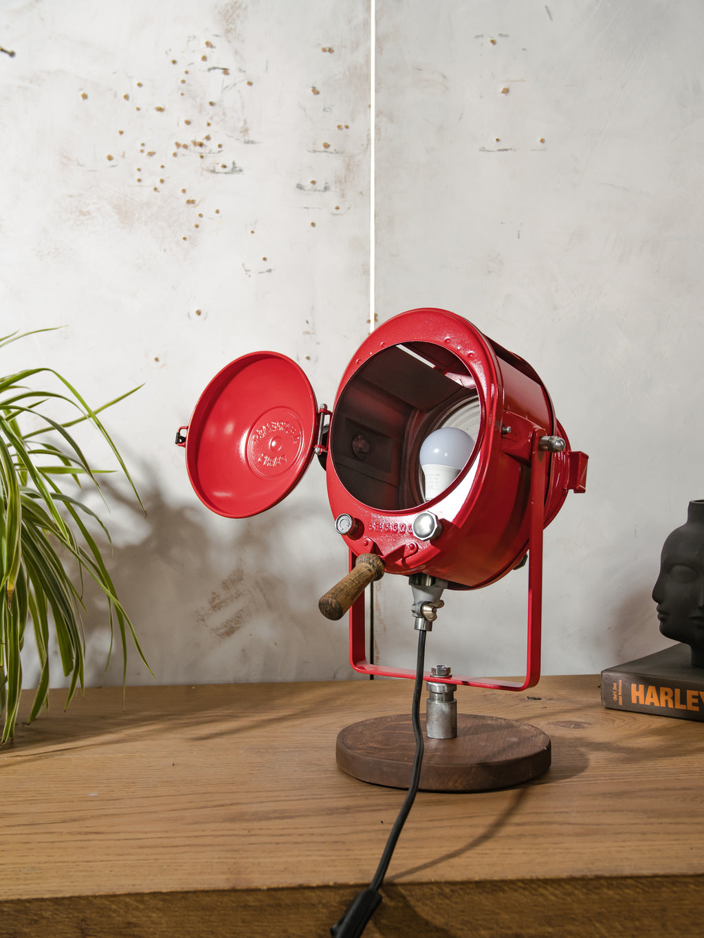 Red 1950s French Theater Spotlight Desk Lamp, Restored A.E. Cremer Paris Stage Light, Retro Industrial Fresnel Spotlight – One of a Kind