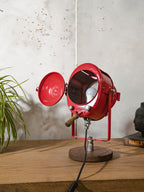 Red 1950s French Theater Spotlight Desk Lamp, Restored A.E. Cremer Paris Stage Light, Retro Industrial Fresnel Spotlight – One of a Kind