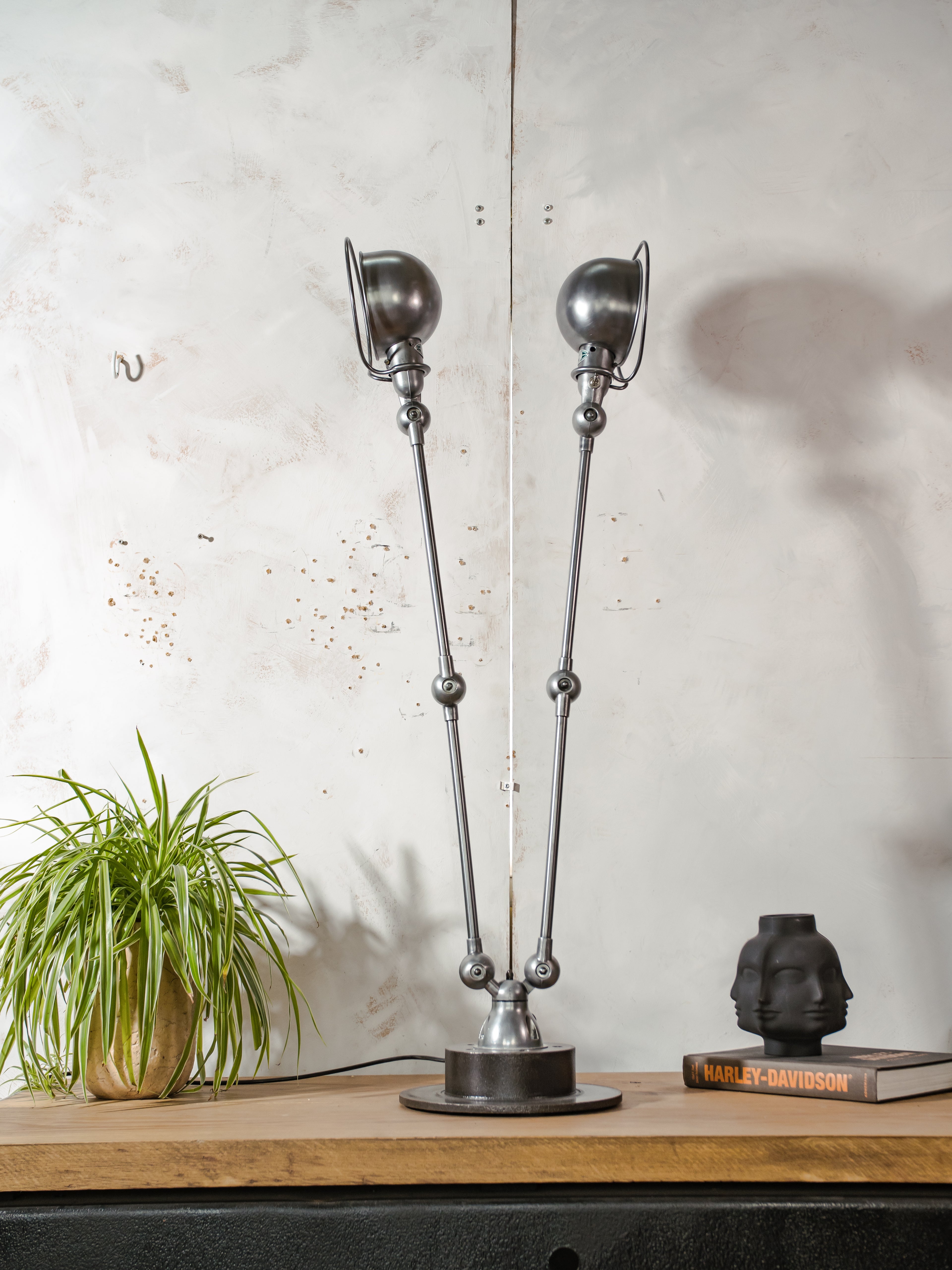 RARE Double Jieldé Lamp,4 Arm Industrial Table Lamp, Restored Polished French Workshop Light, Jean Louis Domecq, Sculptural Desk Lamp