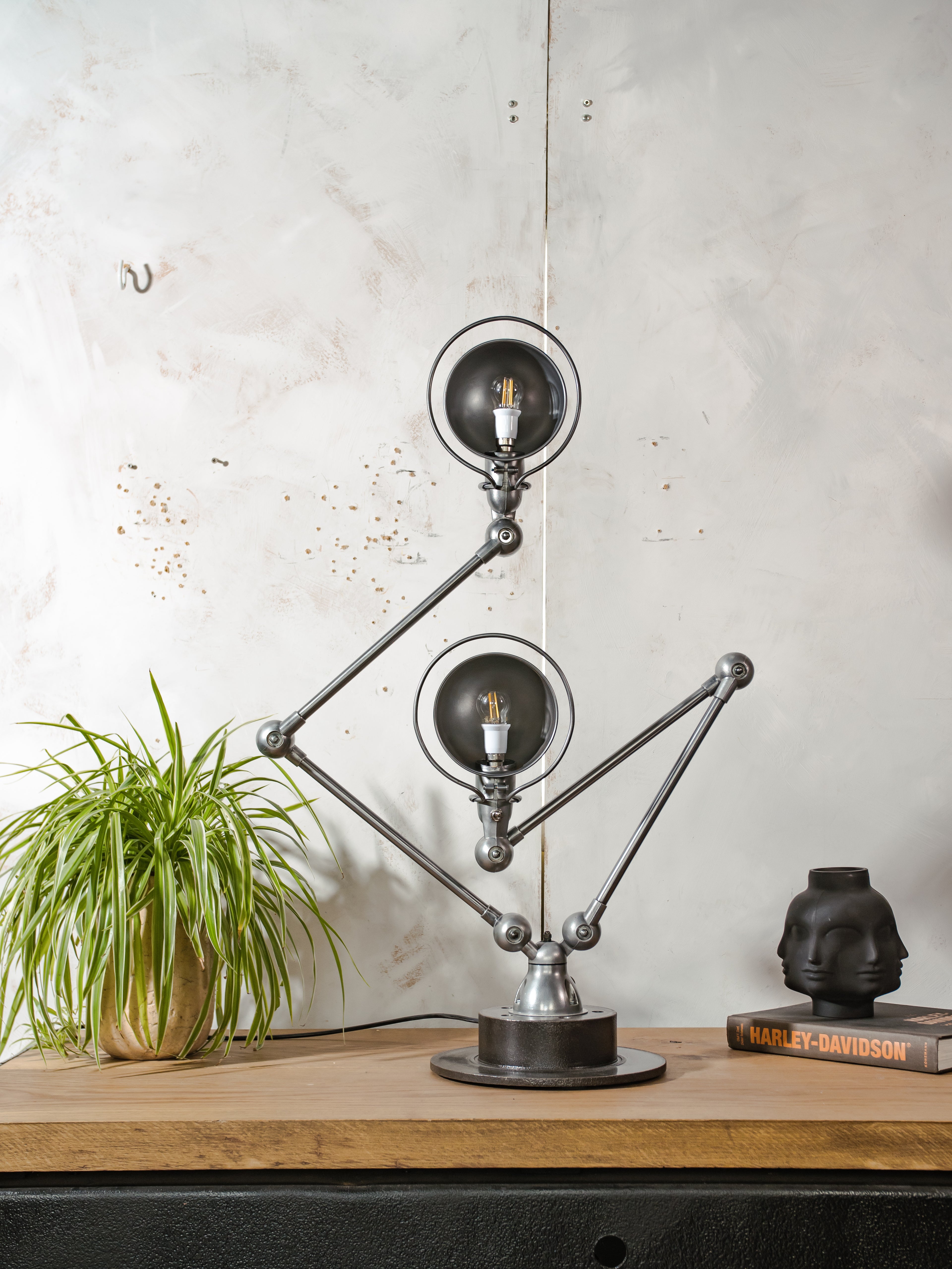 RARE Double Jieldé Lamp,4 Arm Industrial Table Lamp, Restored Polished French Workshop Light, Jean Louis Domecq, Sculptural Desk Lamp