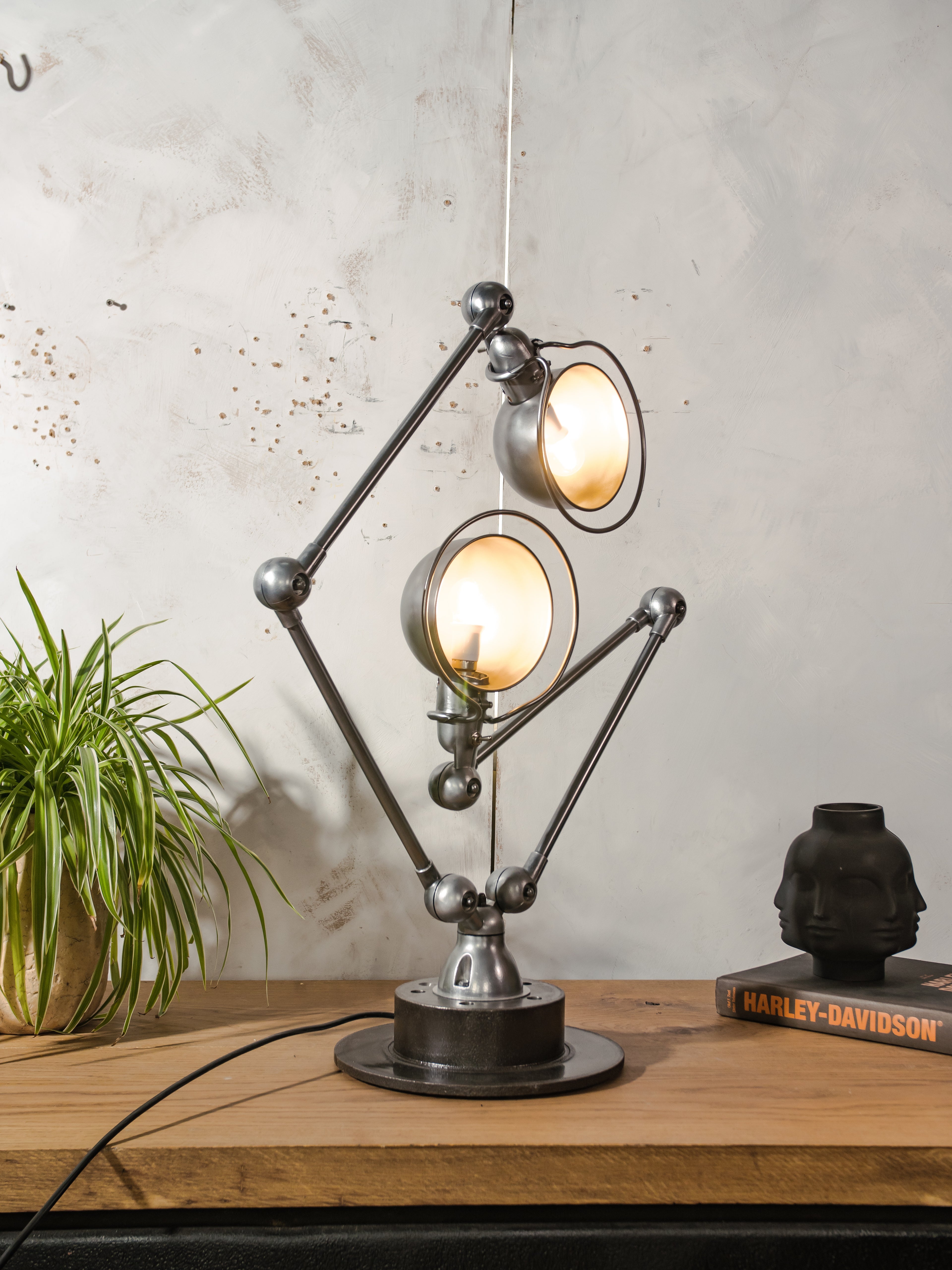 RARE Double Jieldé Lamp,4 Arm Industrial Table Lamp, Restored Polished French Workshop Light, Jean Louis Domecq, Sculptural Desk Lamp