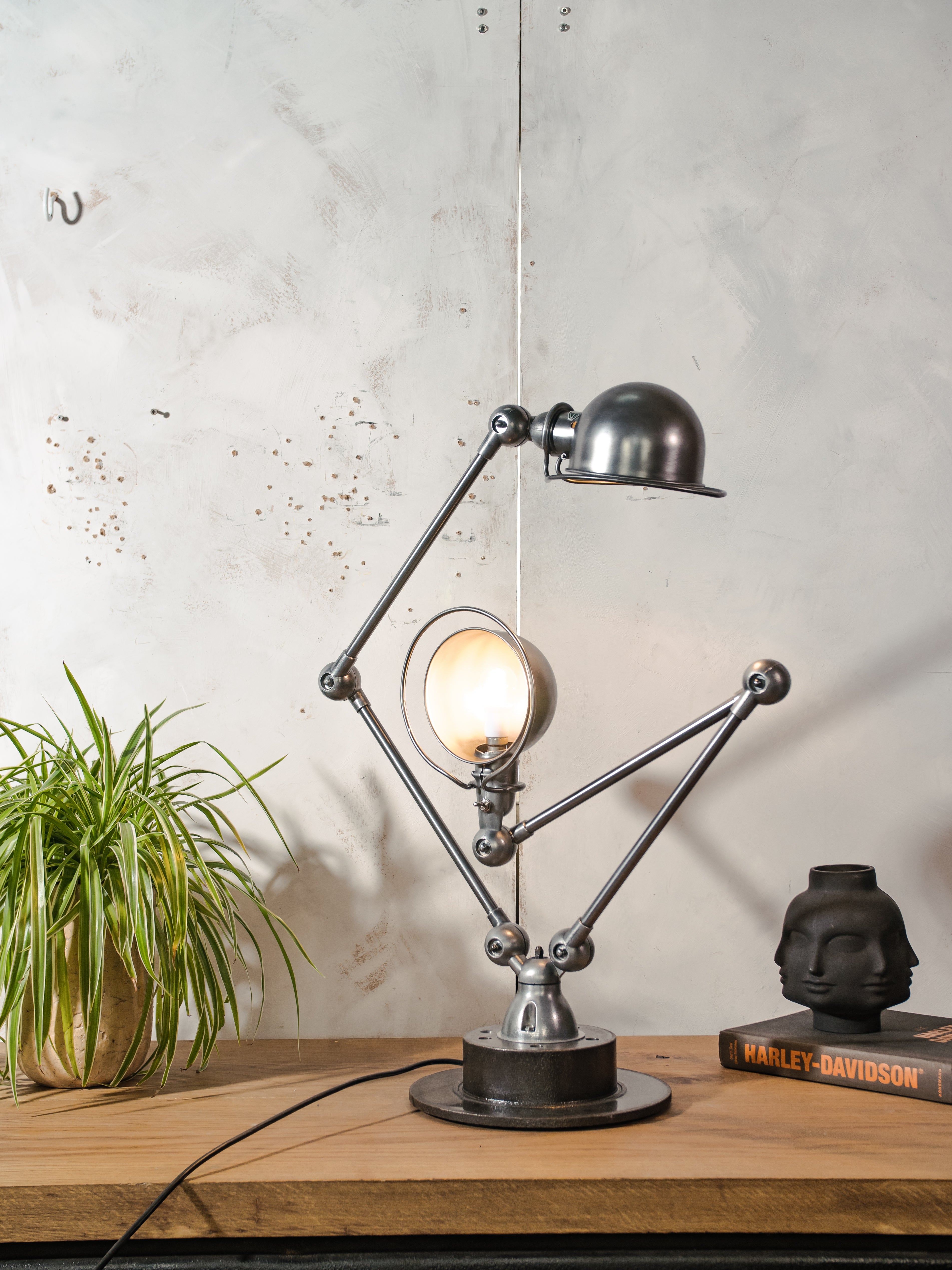RARE Double Jieldé Lamp,4 Arm Industrial Table Lamp, Restored Polished French Workshop Light, Jean Louis Domecq, Sculptural Desk Lamp