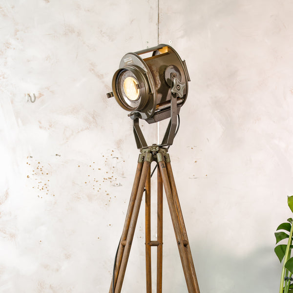 ADB SP.5 Belgian Theatre Spotlight Floor Lamp 1960s on Wooden Surveying Tripod, Original Flood-Spot Beam, E27