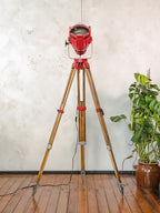 Red Stage Spotlight Floor Lamp on Wooden Surveying Tripod - Retro Upcycled Theatre Light, E27