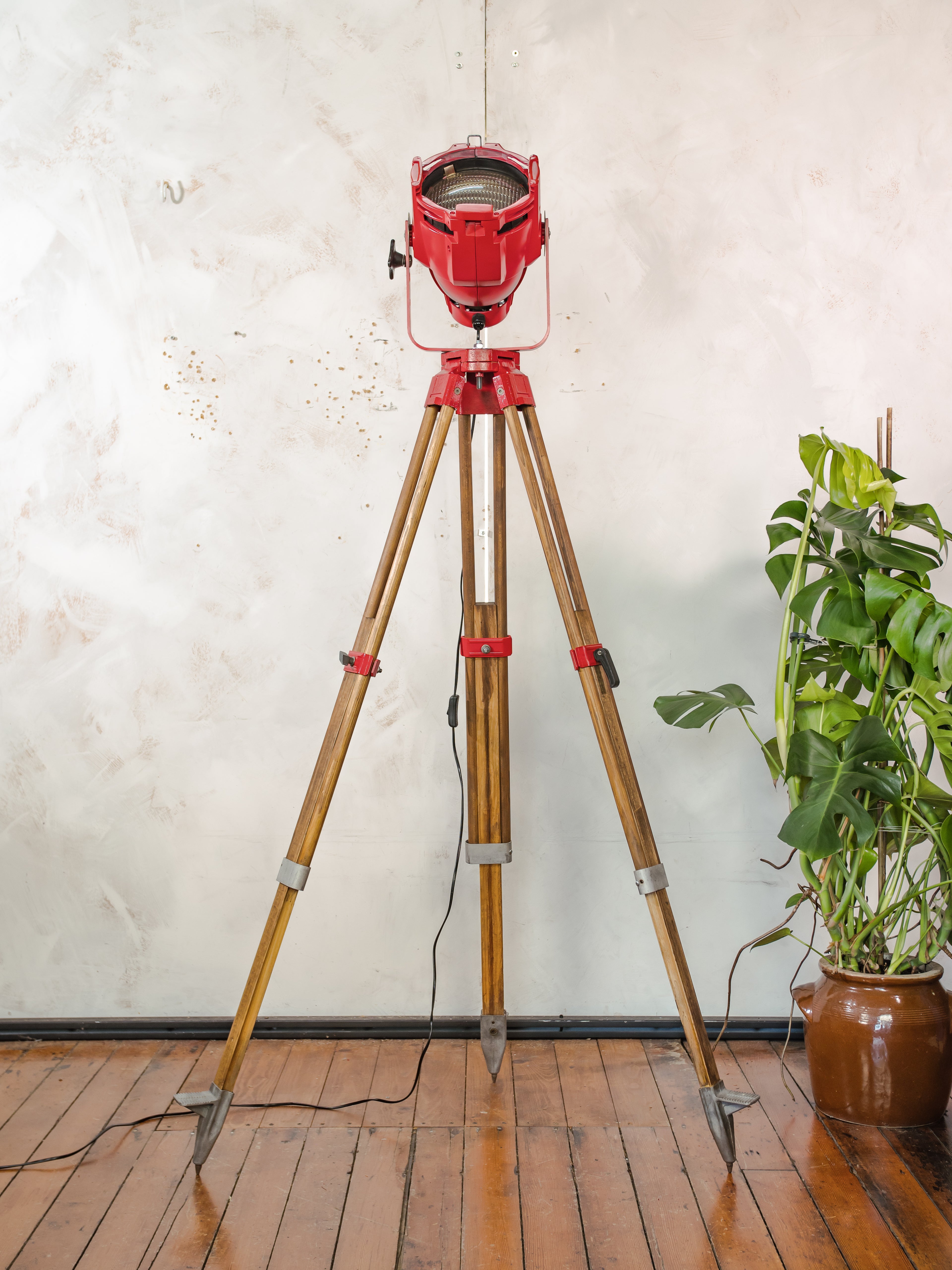 Red Stage Spotlight Floor Lamp on Wooden Surveying Tripod - Retro Upcycled Theatre Light, E27