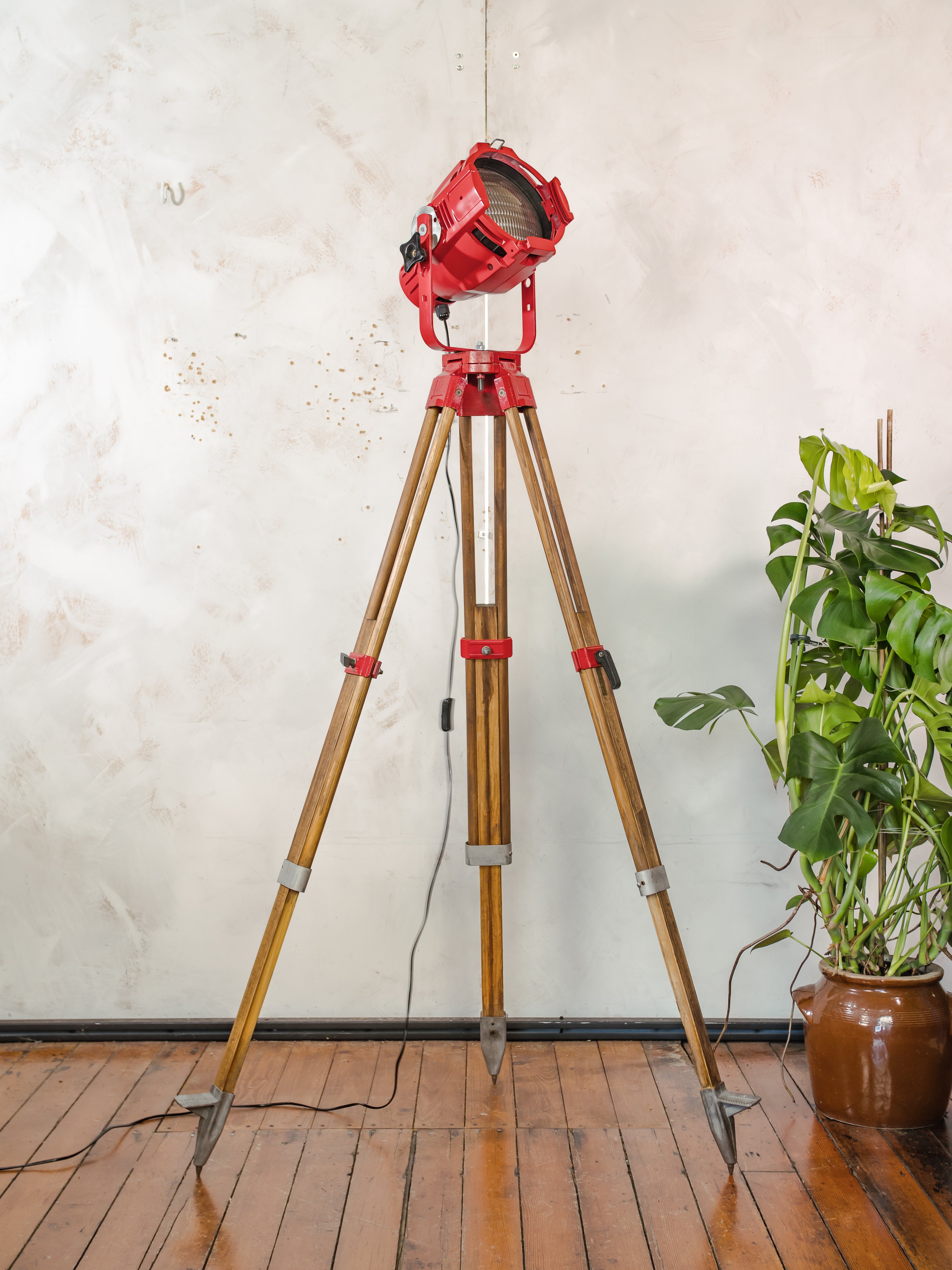 Red Stage Spotlight Floor Lamp on Wooden Surveying Tripod - Retro Upcycled Theatre Light, E27