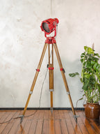 Red Stage Spotlight Floor Lamp on Wooden Surveying Tripod - Retro Upcycled Theatre Light, E27
