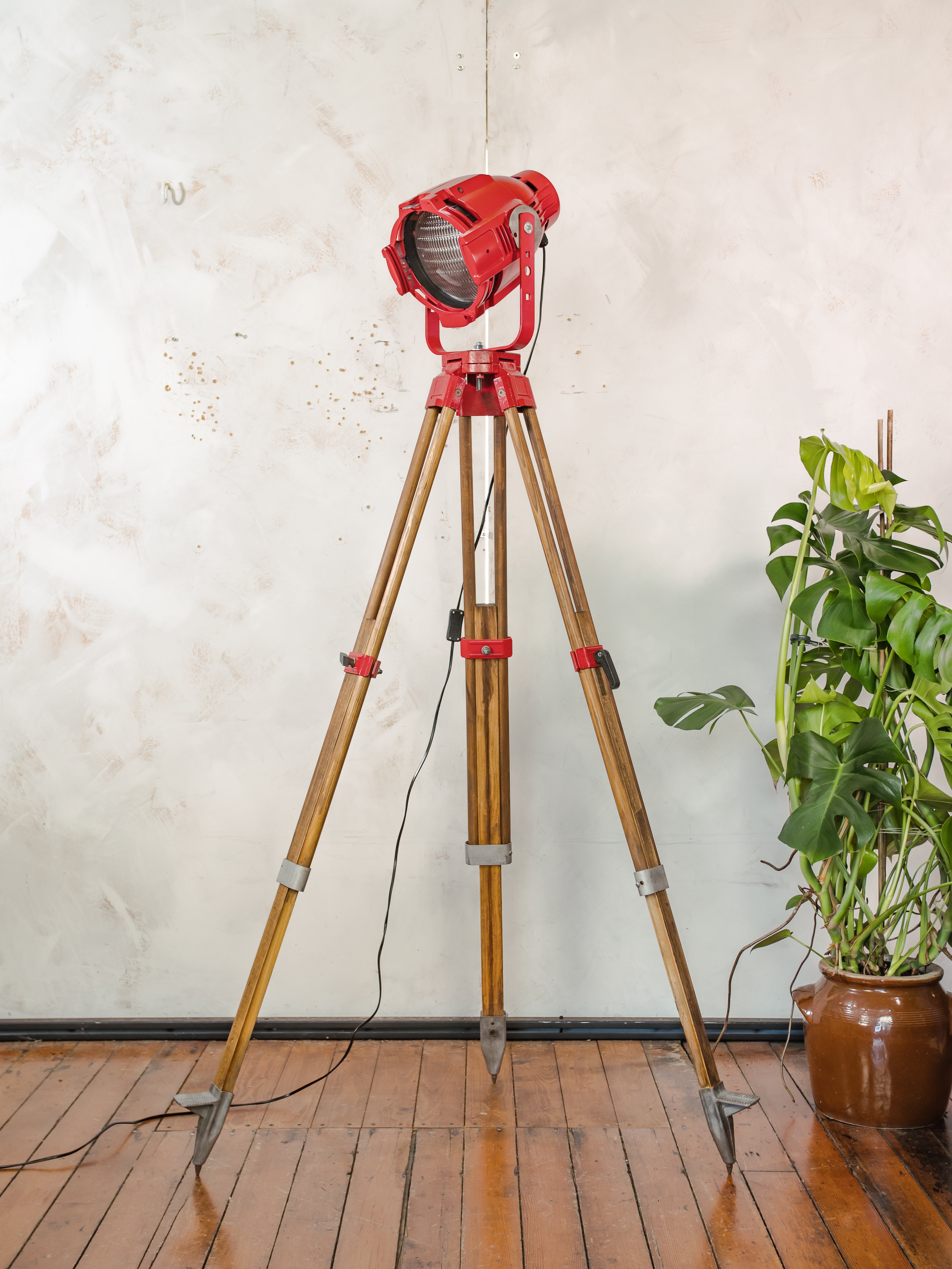 Red Stage Spotlight Floor Lamp on Wooden Surveying Tripod - Retro Upcycled Theatre Light, E27