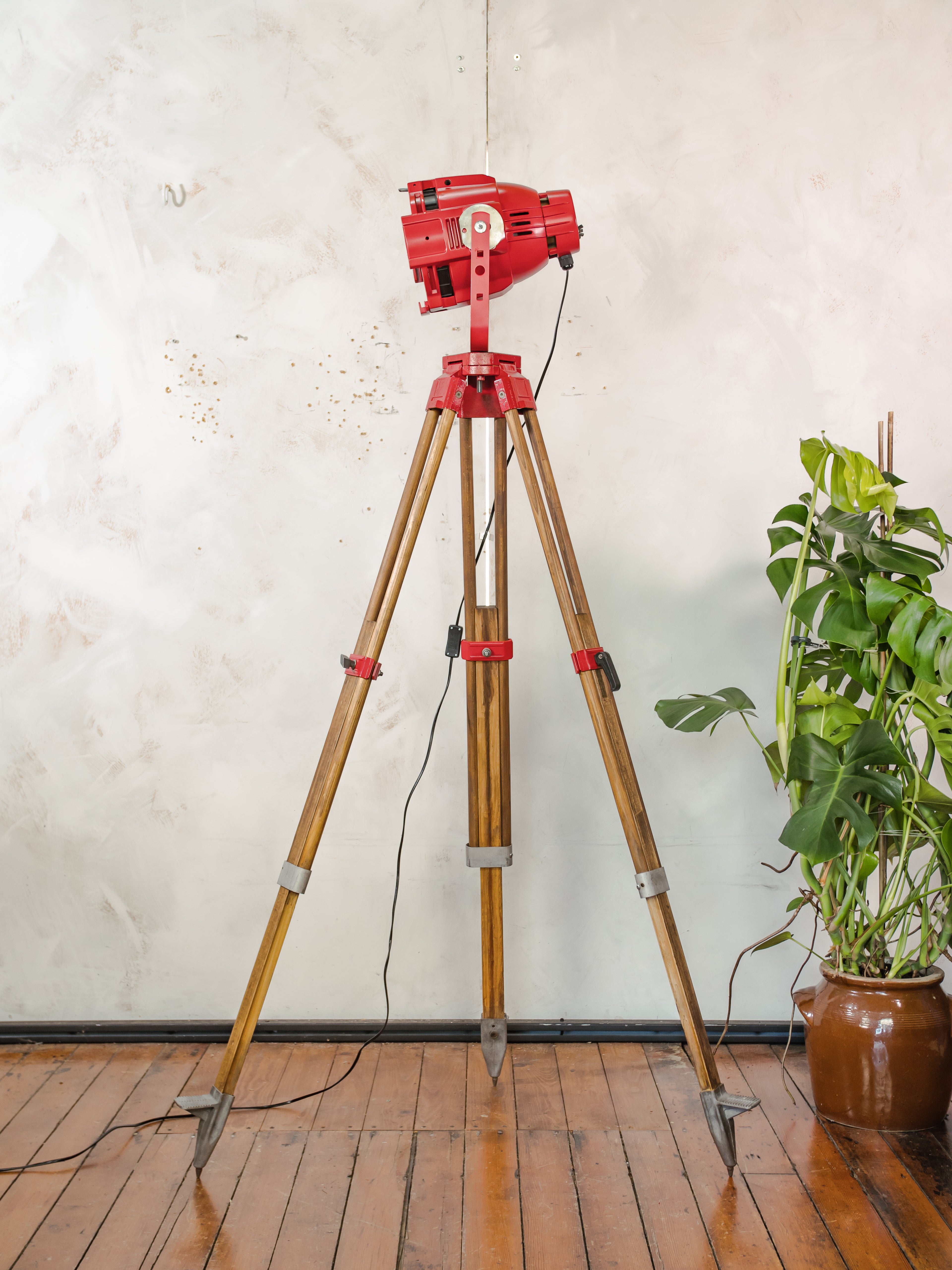Red Stage Spotlight Floor Lamp on Wooden Surveying Tripod - Retro Upcycled Theatre Light, E27