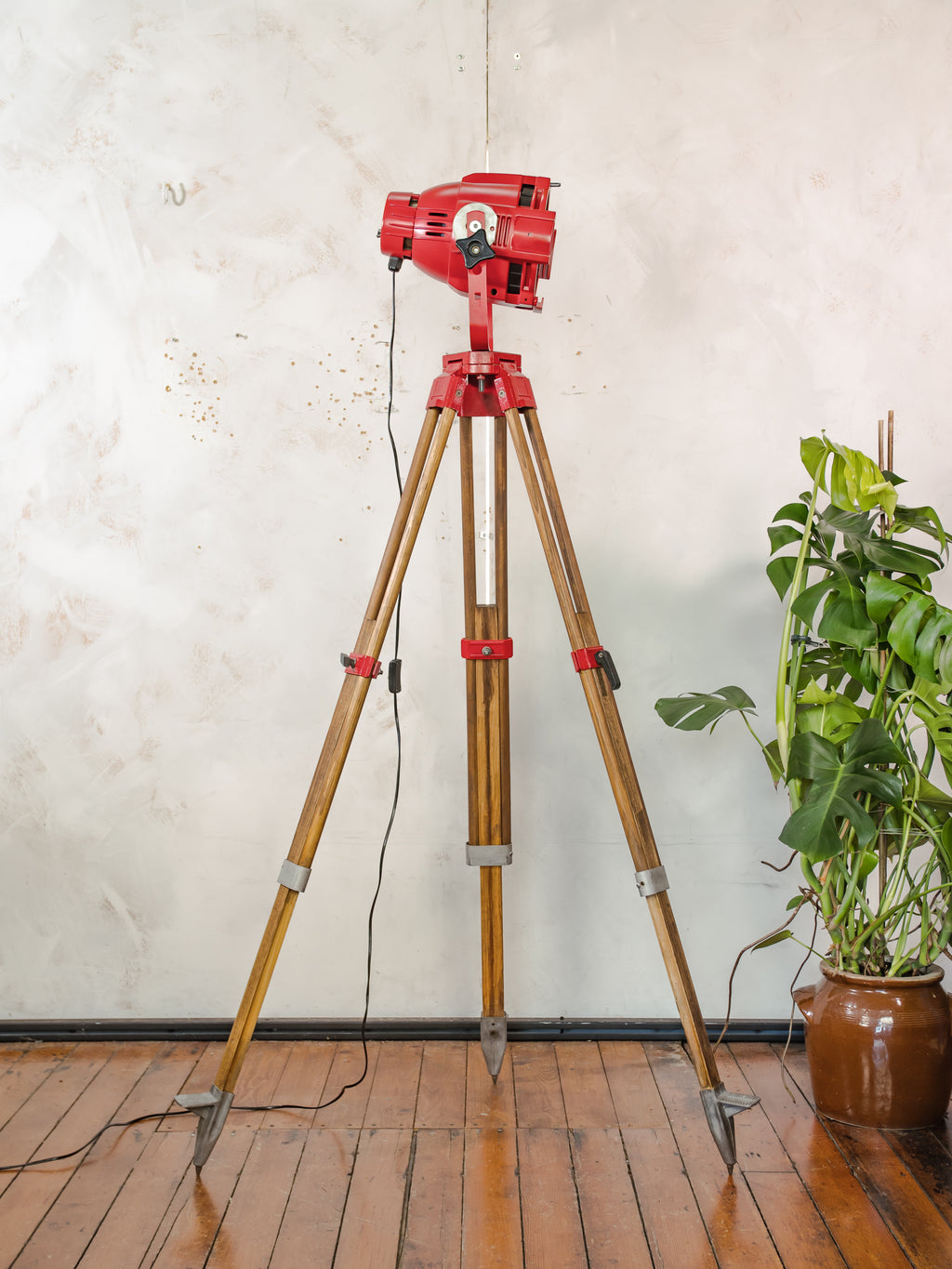 Red Stage Spotlight Floor Lamp on Wooden Surveying Tripod - Retro Upcycled Theatre Light, E27