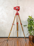 Red Stage Spotlight Floor Lamp on Wooden Surveying Tripod - Retro Upcycled Theatre Light, E27