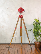 Red Stage Spotlight Floor Lamp on Wooden Surveying Tripod - Retro Upcycled Theatre Light, E27