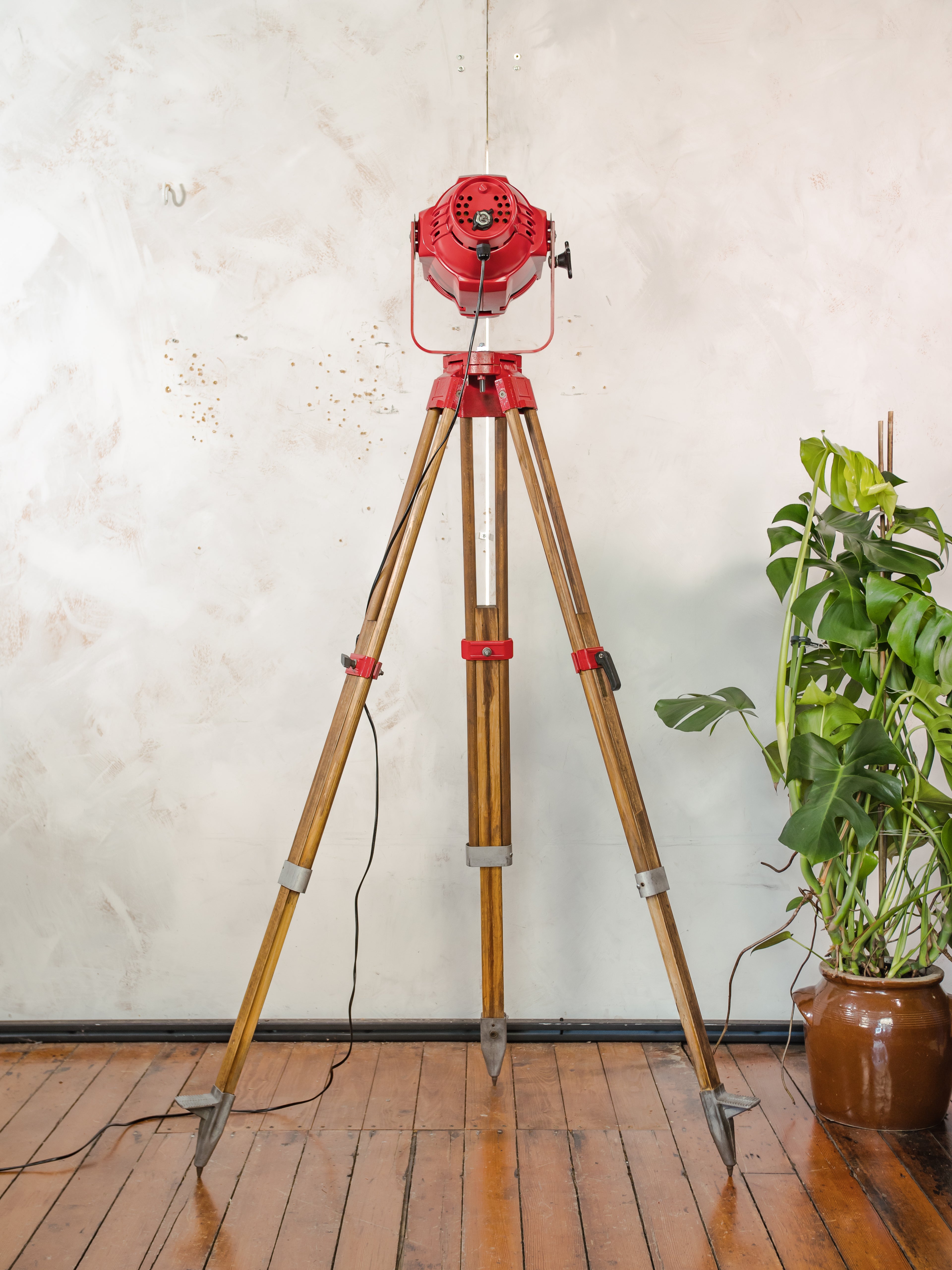 Red Stage Spotlight Floor Lamp on Wooden Surveying Tripod - Retro Upcycled Theatre Light, E27