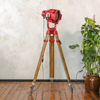 Red Stage Spotlight Floor Lamp on Wooden Surveying Tripod - Retro Upcycled Theatre Light, E27