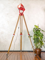 Red Stage Spotlight Floor Lamp on Wooden Surveying Tripod - Retro Upcycled Theatre Light, E27