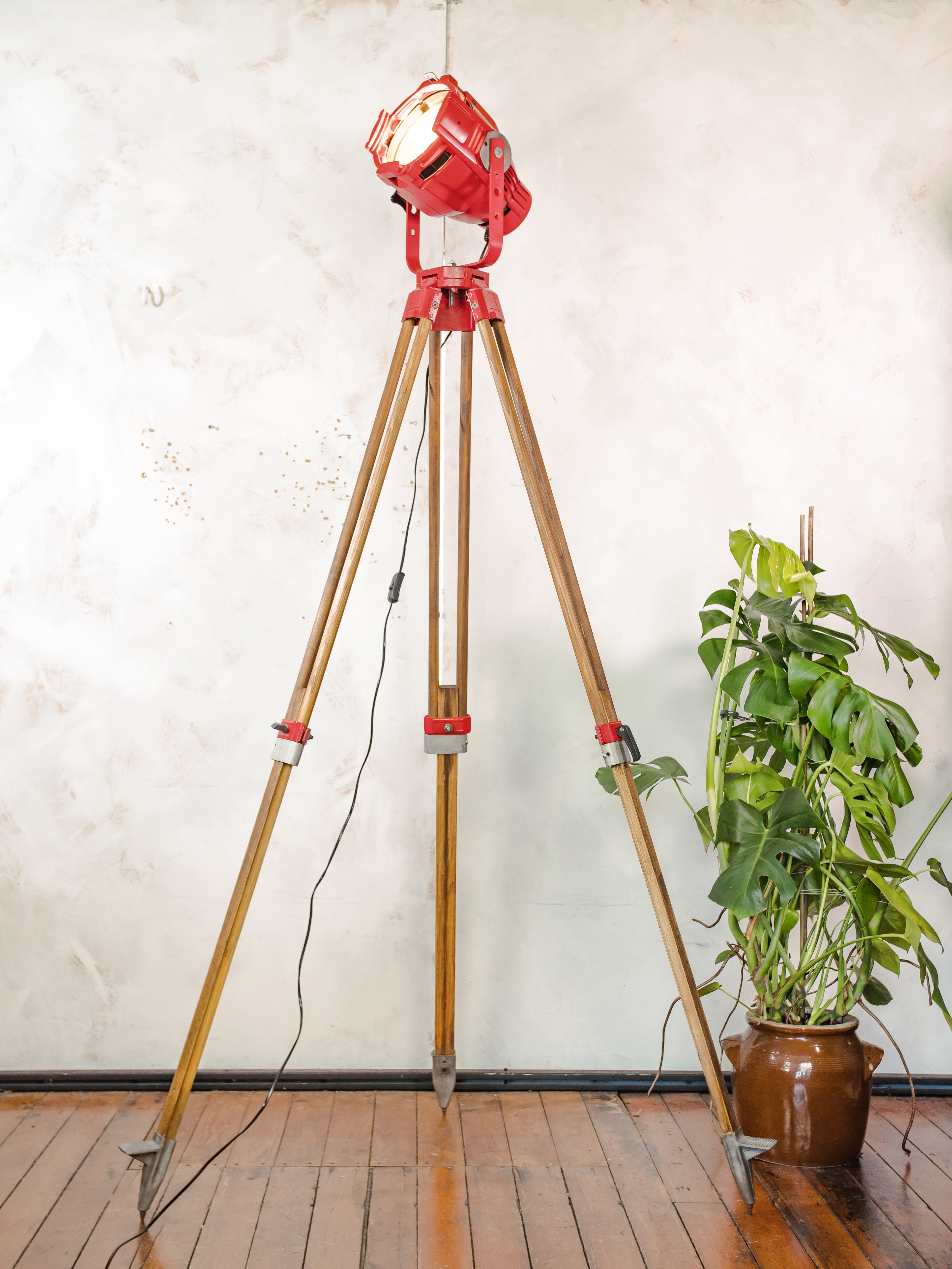 Red Stage Spotlight Floor Lamp on Wooden Surveying Tripod - Retro Upcycled Theatre Light, E27