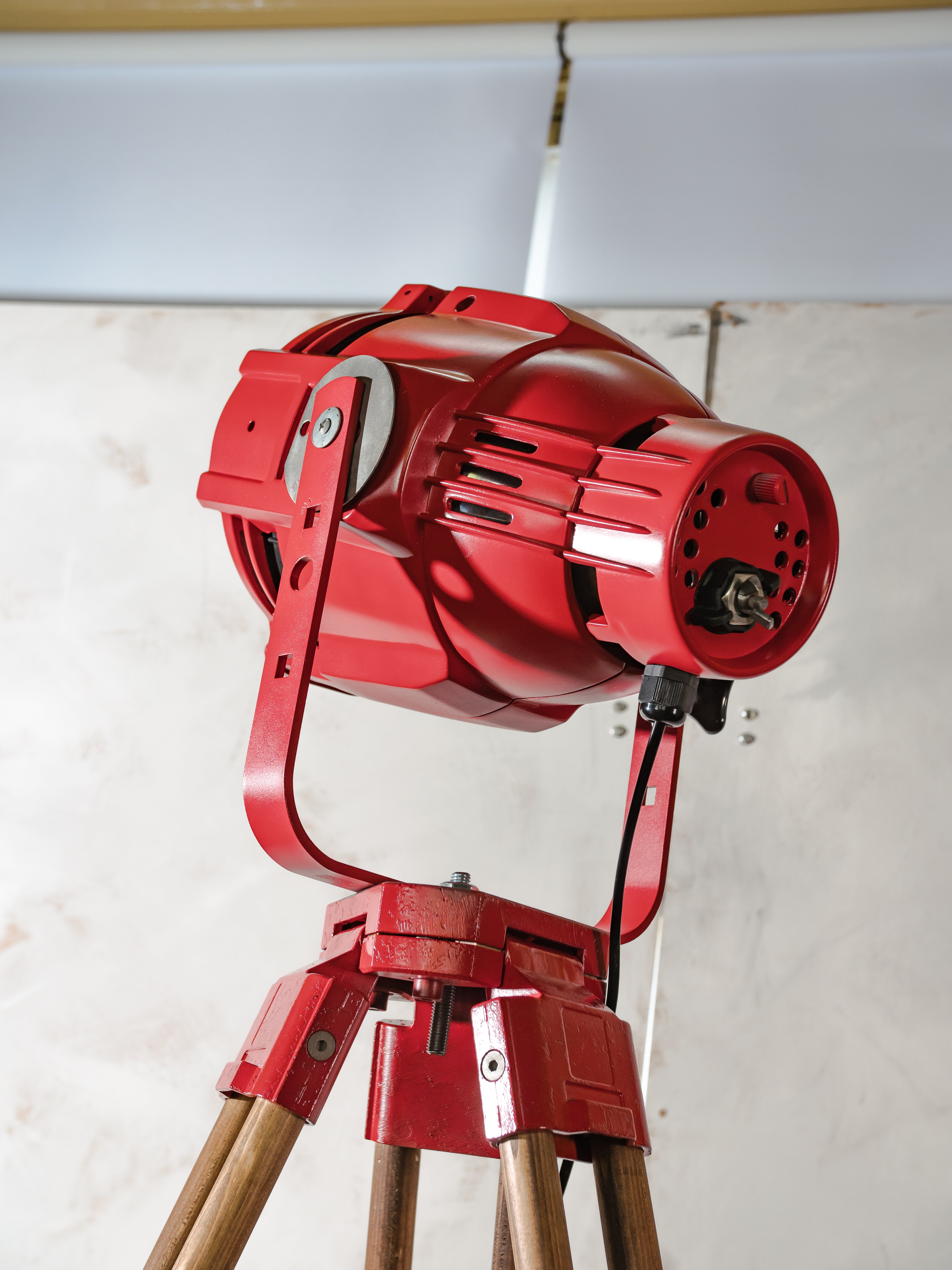 Red Stage Spotlight Floor Lamp on Wooden Surveying Tripod - Retro Upcycled Theatre Light, E27