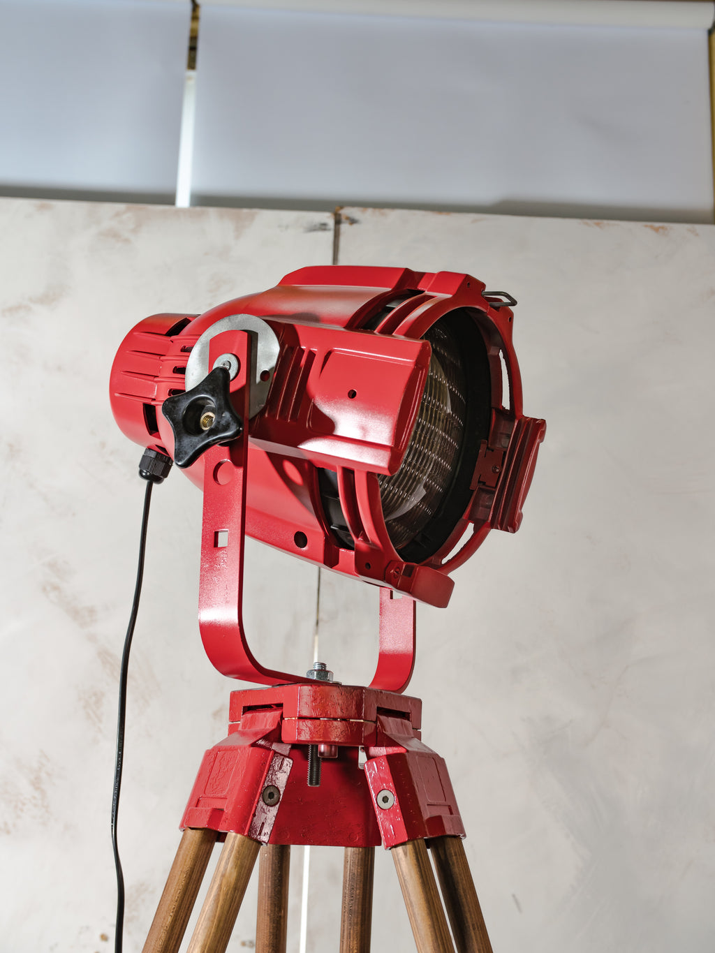 Red Stage Spotlight Floor Lamp on Wooden Surveying Tripod - Retro Upcycled Theatre Light, E27