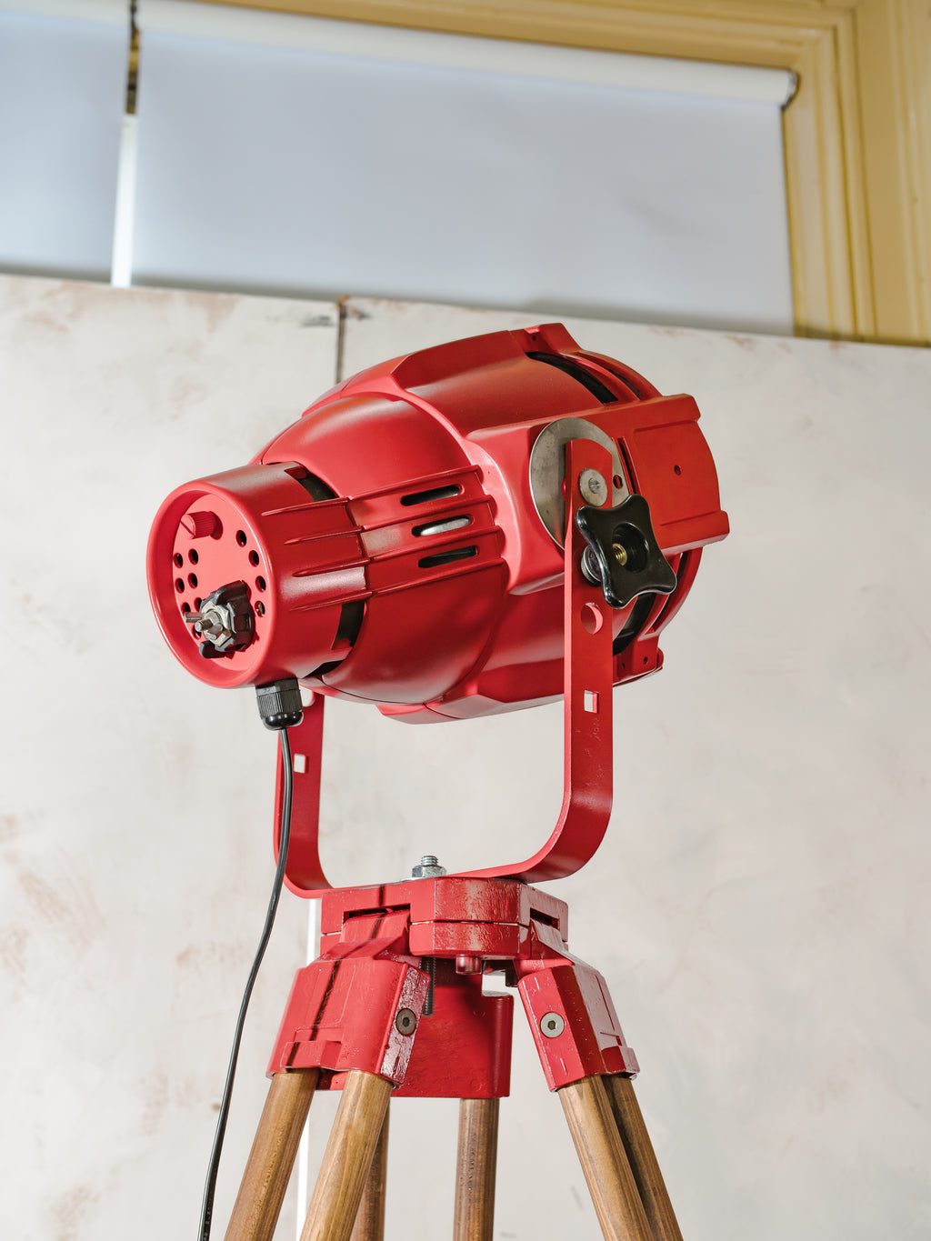 Red Stage Spotlight Floor Lamp on Wooden Surveying Tripod - Retro Upcycled Theatre Light, E27