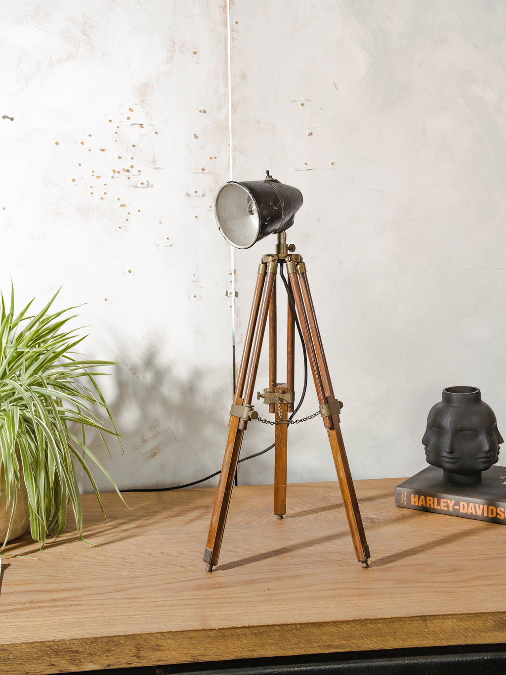 Sovjet fabrieks machinelamp gemonteerd op een vintage teakhouten statief - industriële lamp uit de jaren 70 van de USSR, E27