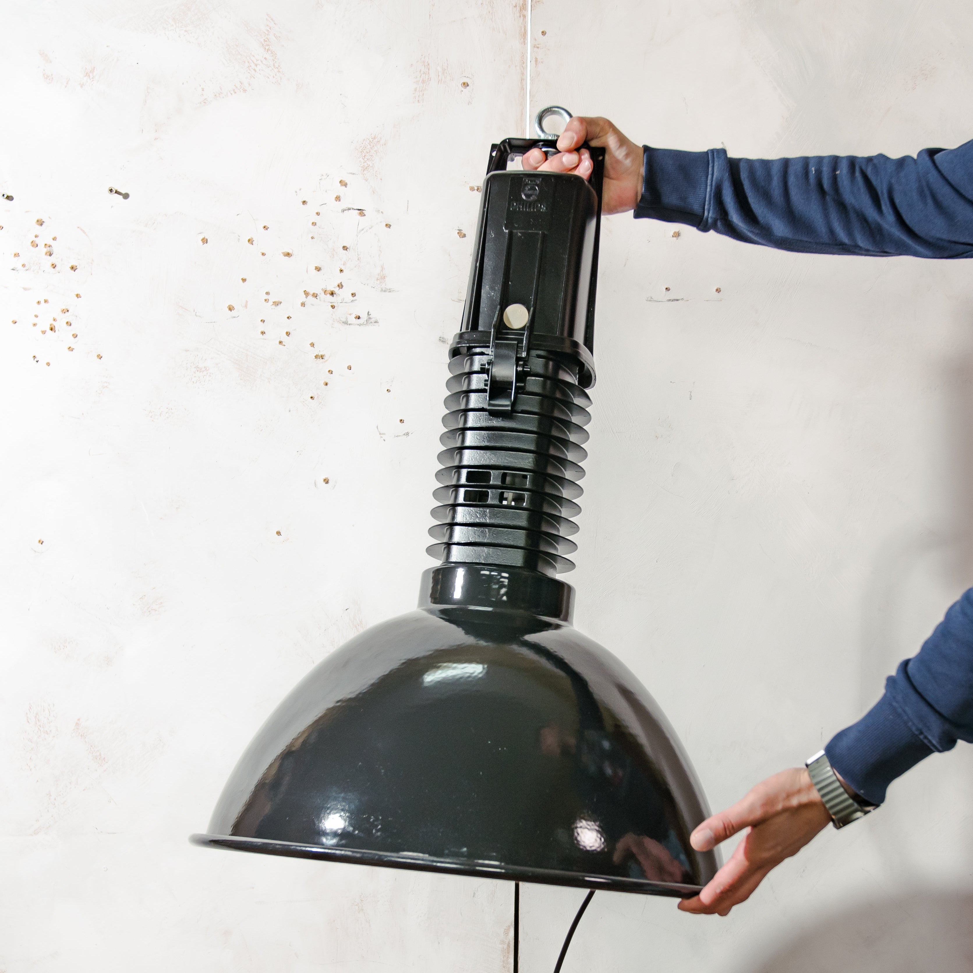 Philips HDK Fabriekslamp hanglamp uit de jaren 50 - XXL zwart emaille industriële verlichting, gemaakt in Nederland - high top & high shade