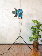 A.E. Cremer Paris Blue Fresnel Theatre Spotlight Floor Lamp | 1950s Studio Light on ori Steel Tripod