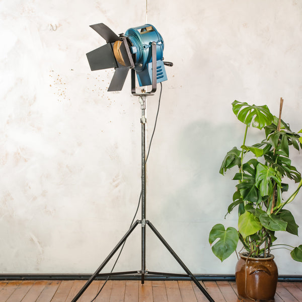 A.E. Cremer Paris Blue Fresnel Theatre Spotlight Floor Lamp | 1950s Studio Light on ori Steel Tripod