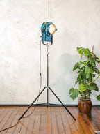 A.E. Cremer Paris Blue Fresnel Theatre Spotlight Floor Lamp | 1950s Studio Light on ori Steel Tripod