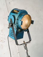 A.E. Cremer Paris Blue Fresnel Theatre Spotlight Floor Lamp | 1950s Studio Light on ori Steel Tripod