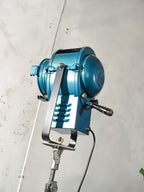 A.E. Cremer Paris Blue Fresnel Theatre Spotlight Floor Lamp | 1950s Studio Light on ori Steel Tripod