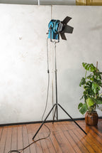 A.E. Cremer Paris Blue Fresnel Theatre Spotlight Floor Lamp | 1950s Studio Light on ori Steel Tripod