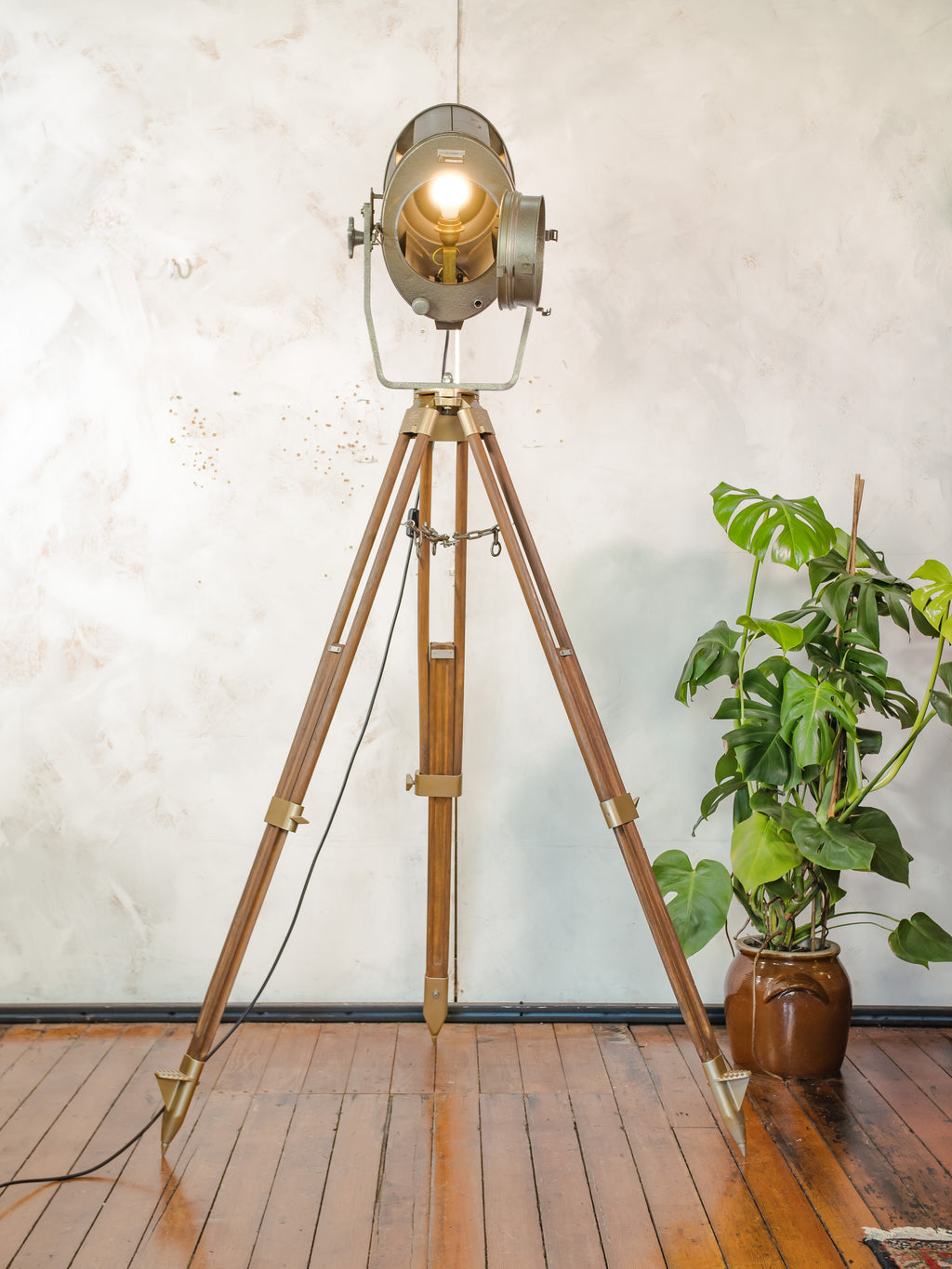 ADB SP.1000 Belgian Theatre Spotlight Floor Lamp | 1960s 1KW Stage Light on Wild Heerbrugg Surveyor's Tripod