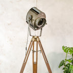 ADB SP.1000 Belgian Theatre Spotlight Floor Lamp | 1960s 1KW Stage Light on Wild Heerbrugg Surveyor's Tripod